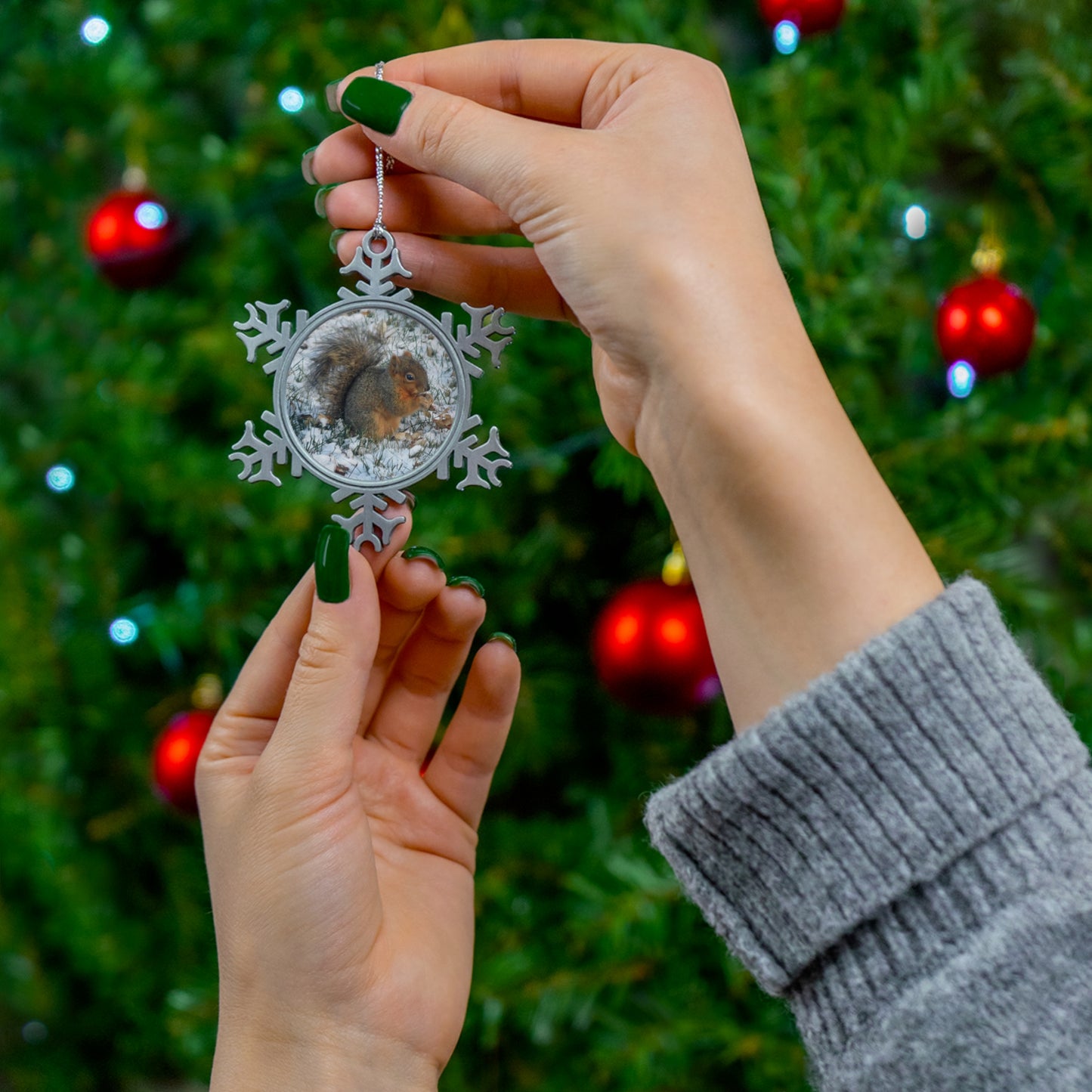 Winter Squirrel Pewter Snowflake Ornament