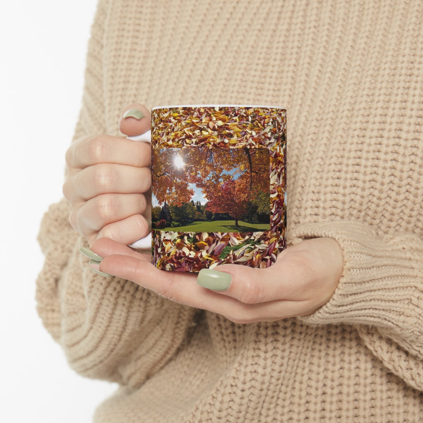 Autumn Light with Leaf background Ceramic Mug 11oz