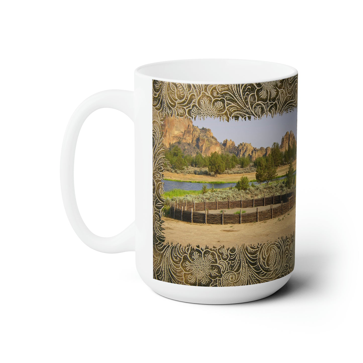 Scenic Round Pen with Printed Leather Background Ceramic Mug 15oz