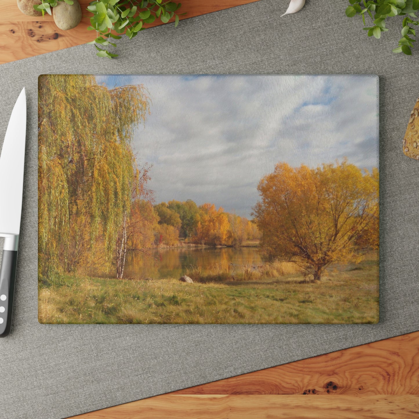 Golden Autumn Pond Glass Cutting Board Hand Wash