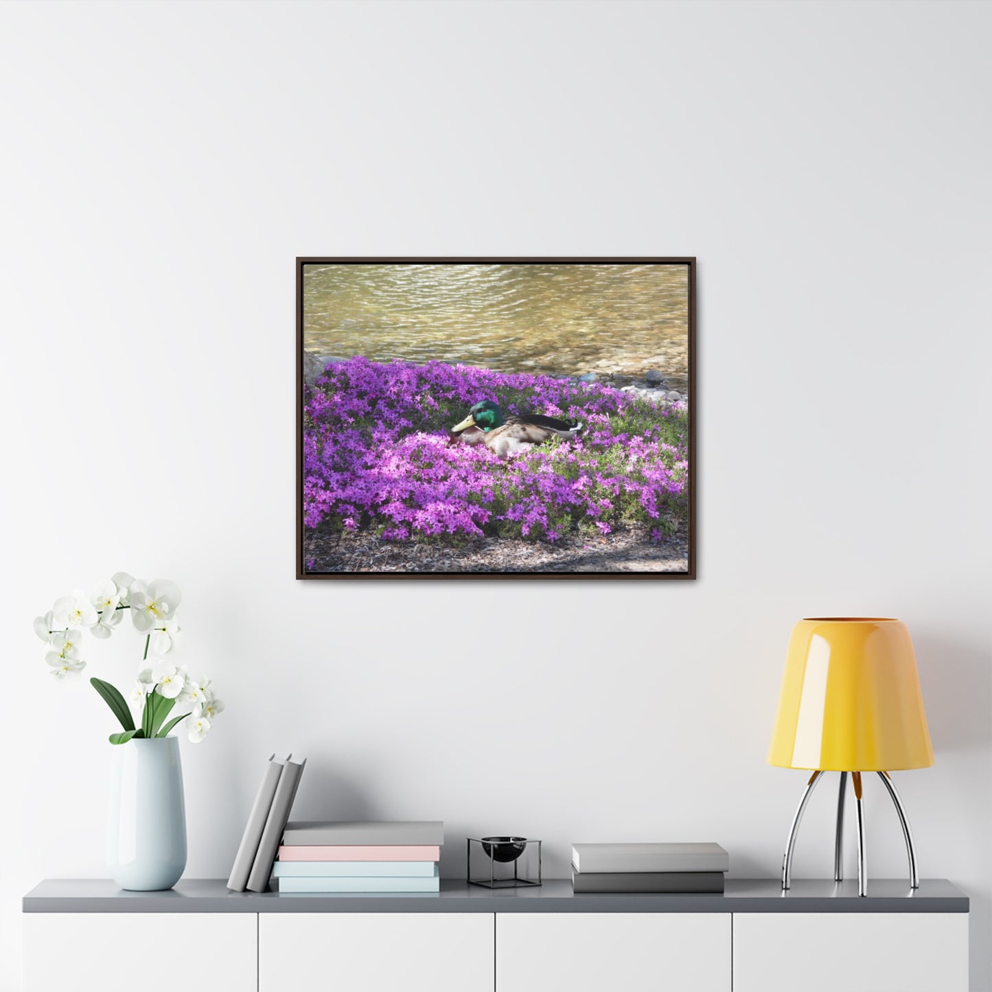 Duck Resting In Flowers Gallery Canvas Wraps Framed