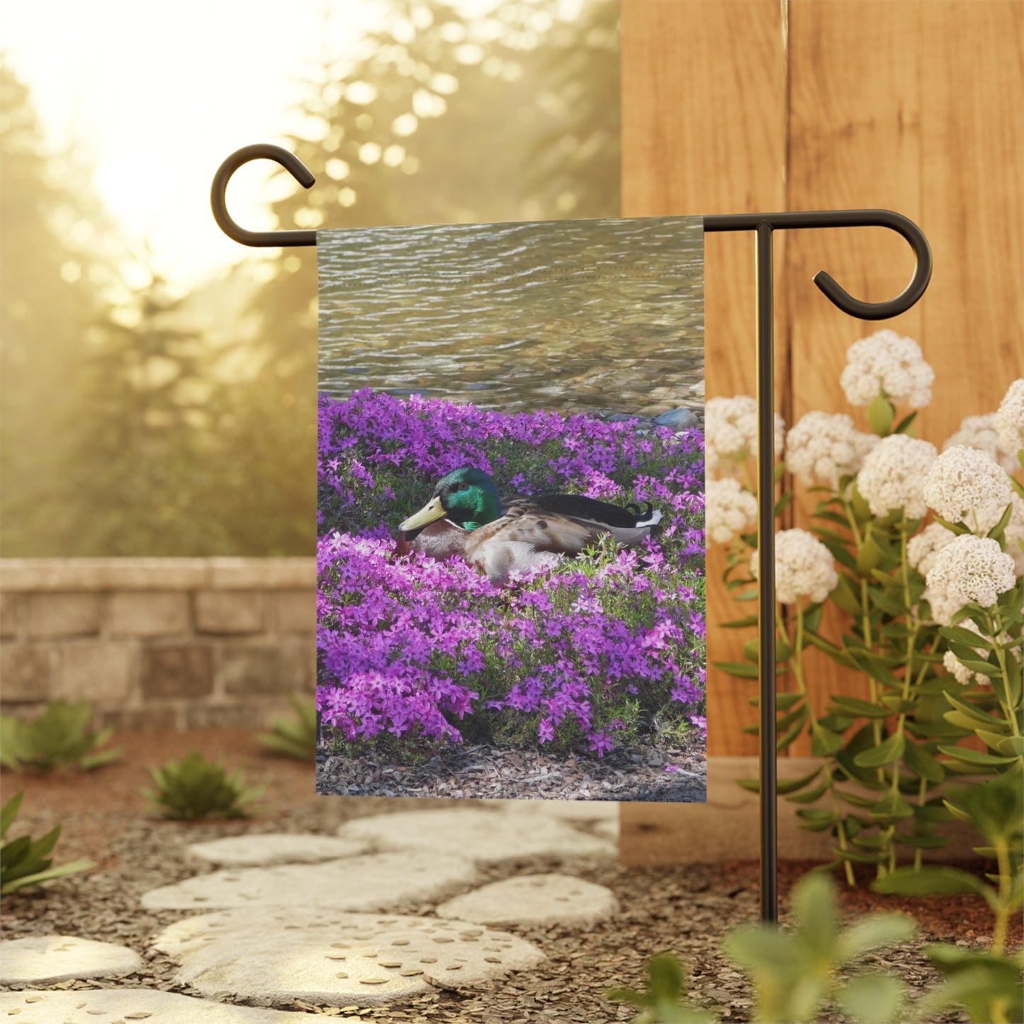 Duck Resting In Flowers Garden & House Banner