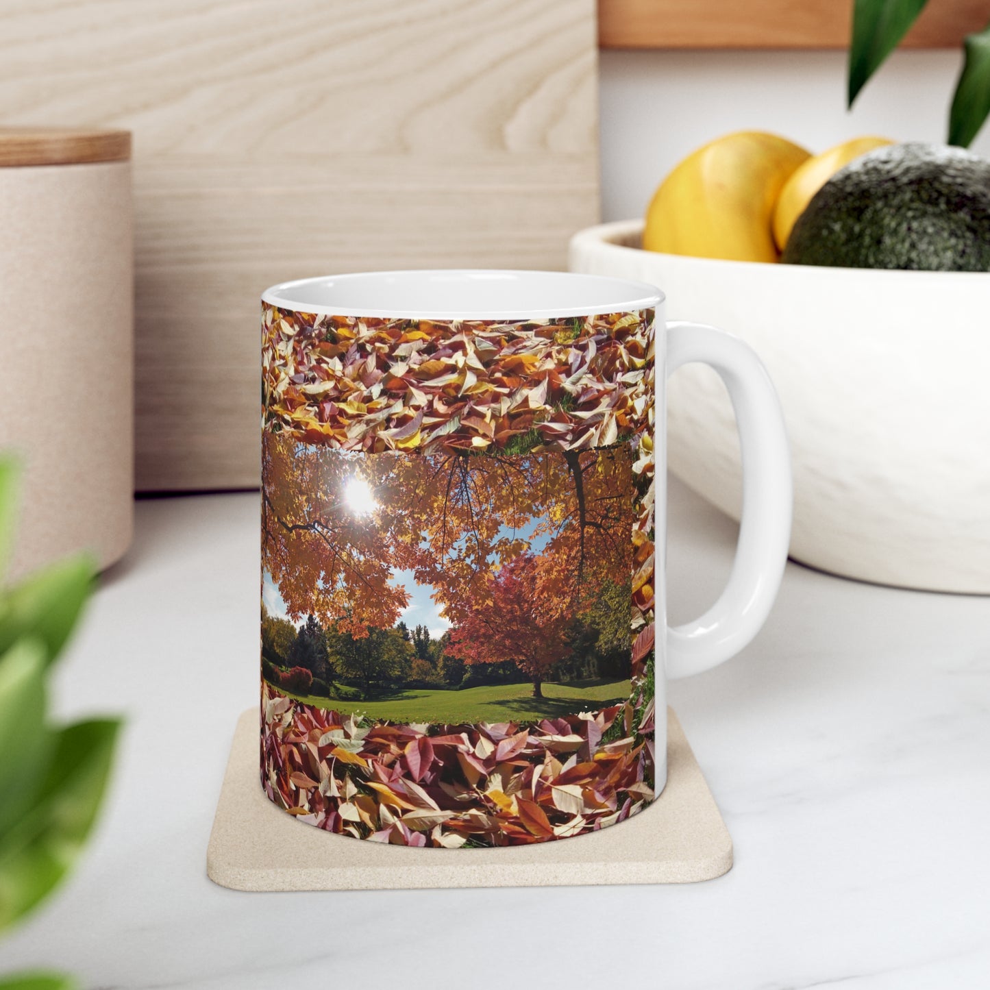 Autumn Light with Leaf background Ceramic Mug 11oz