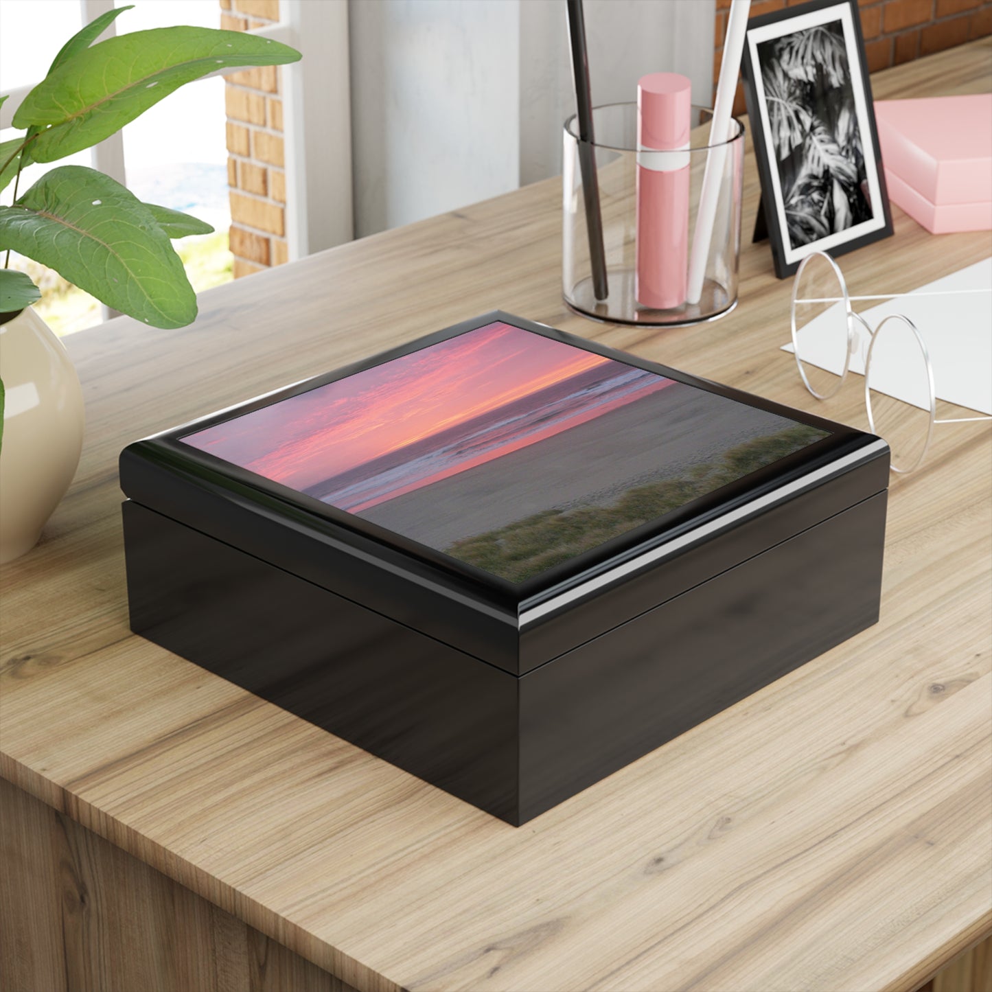 Pink Ocean Sunset Jewelry Box ~ 7.24"