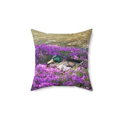Duck Resting In Flowers Spun Polyester Square Pillow