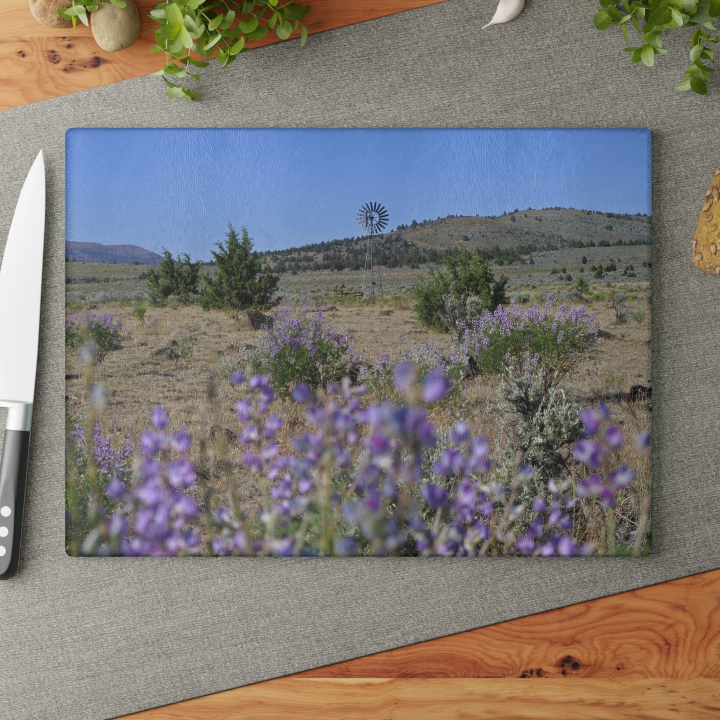 High Desert Lupine & Windmill Glass Cutting Board Hand Wash