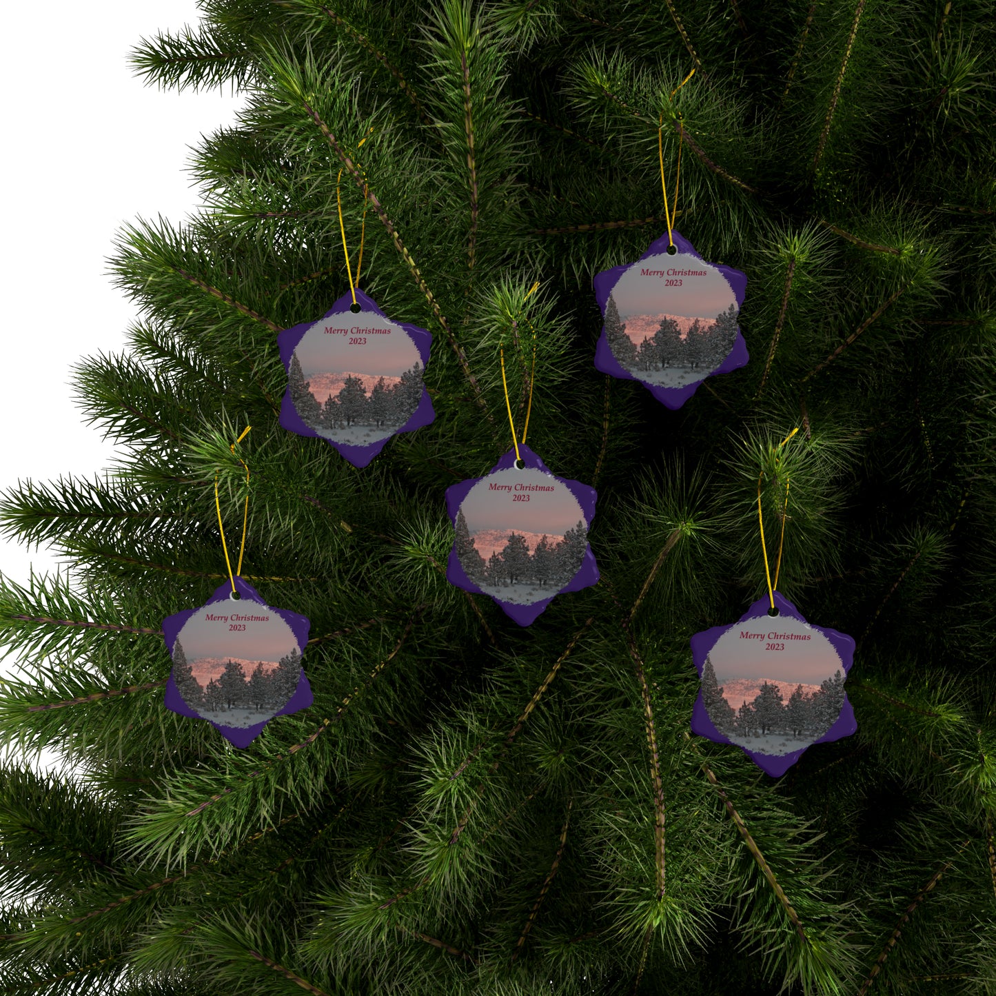 Winter Sunset Merry Christmas 2023 Ceramic Ornaments