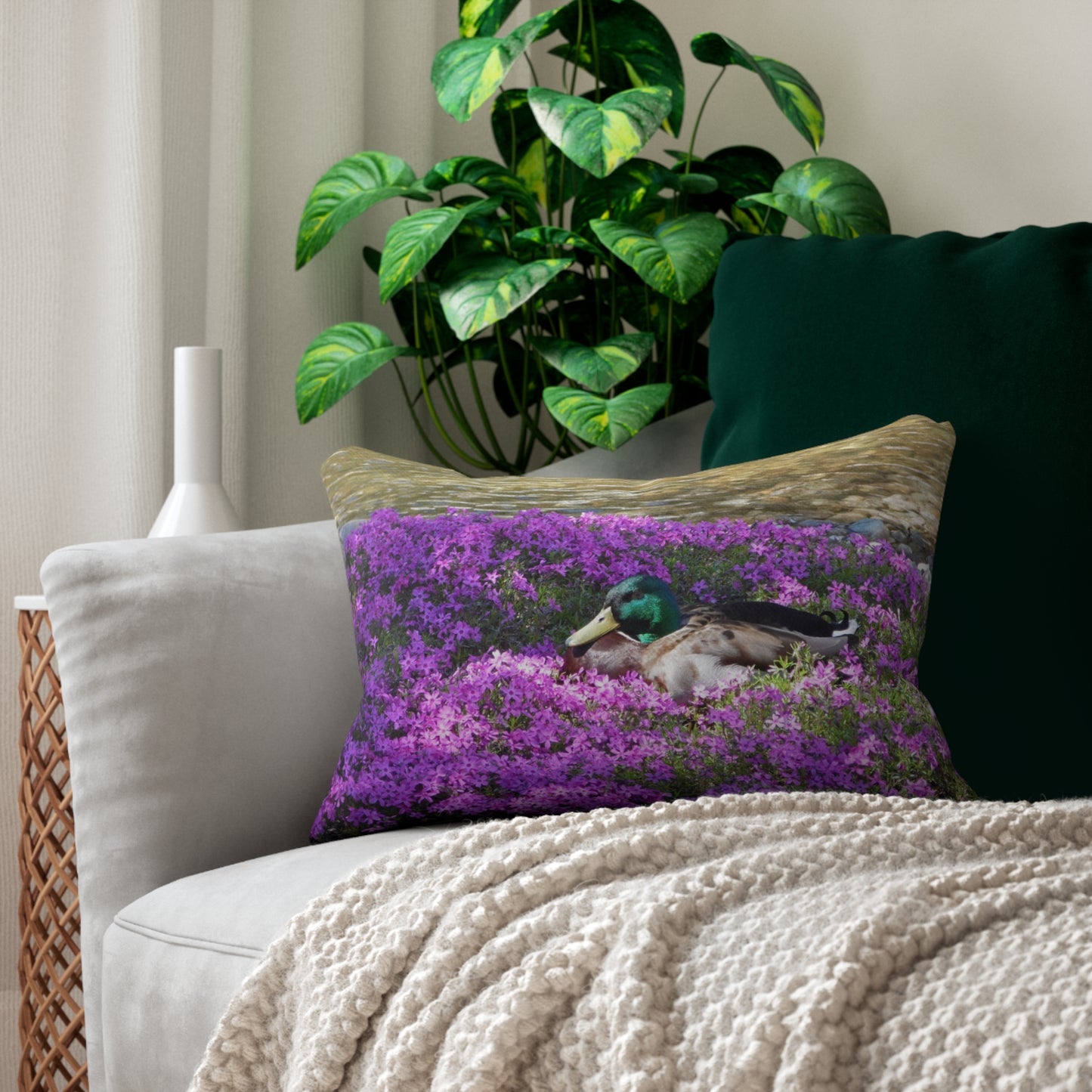 Duck Resting In Flowers Spun Polyester Lumbar Pillow