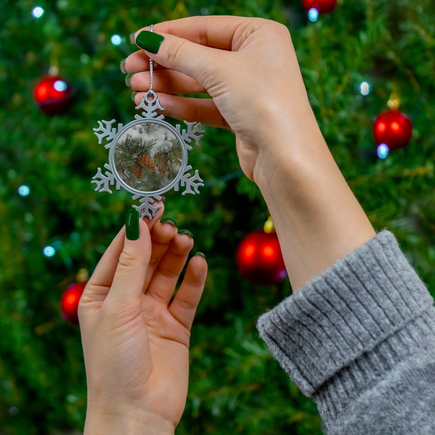 Snowy Fir Cones Pewter Snowflake Ornament