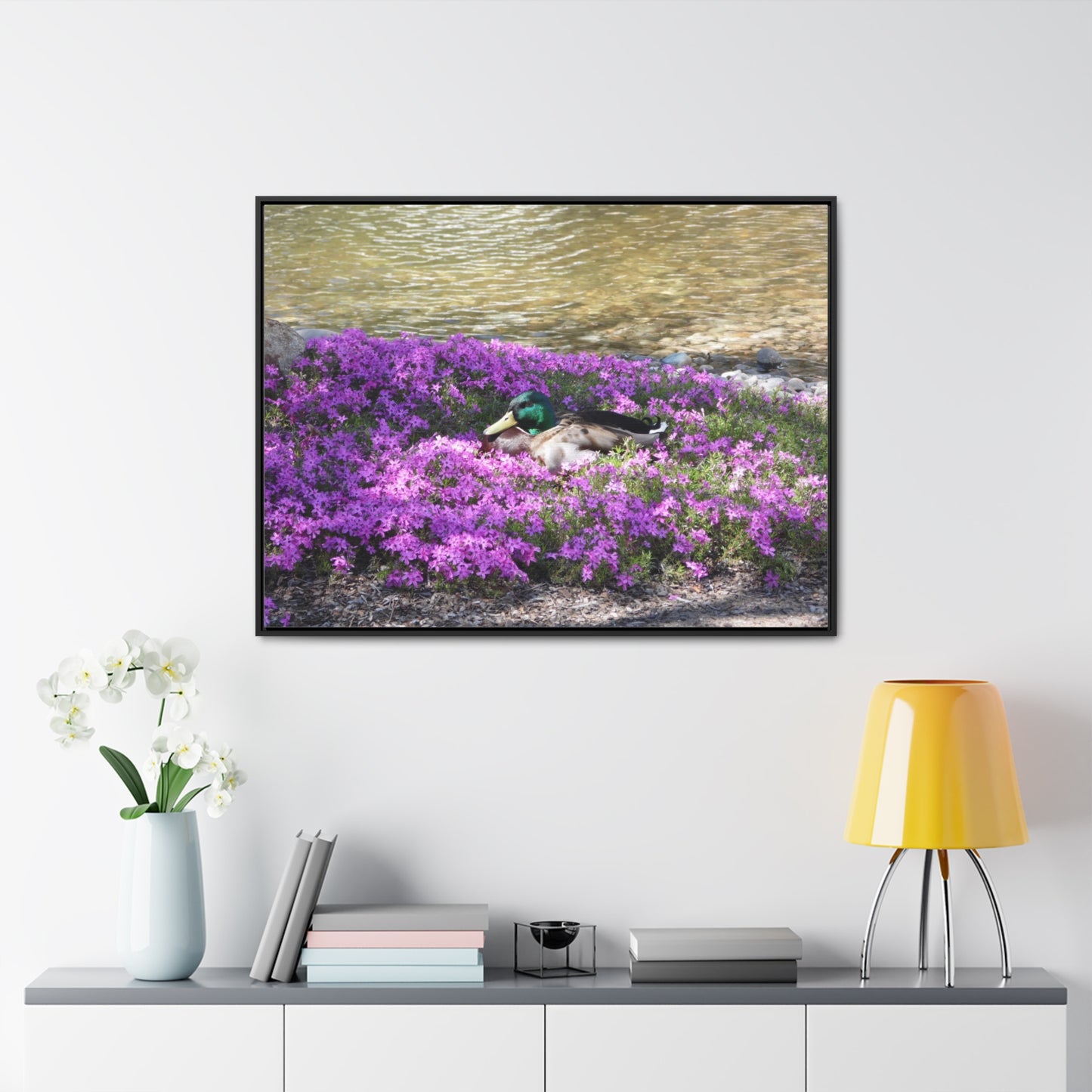 Duck Resting In Flowers Gallery Canvas Wraps Framed