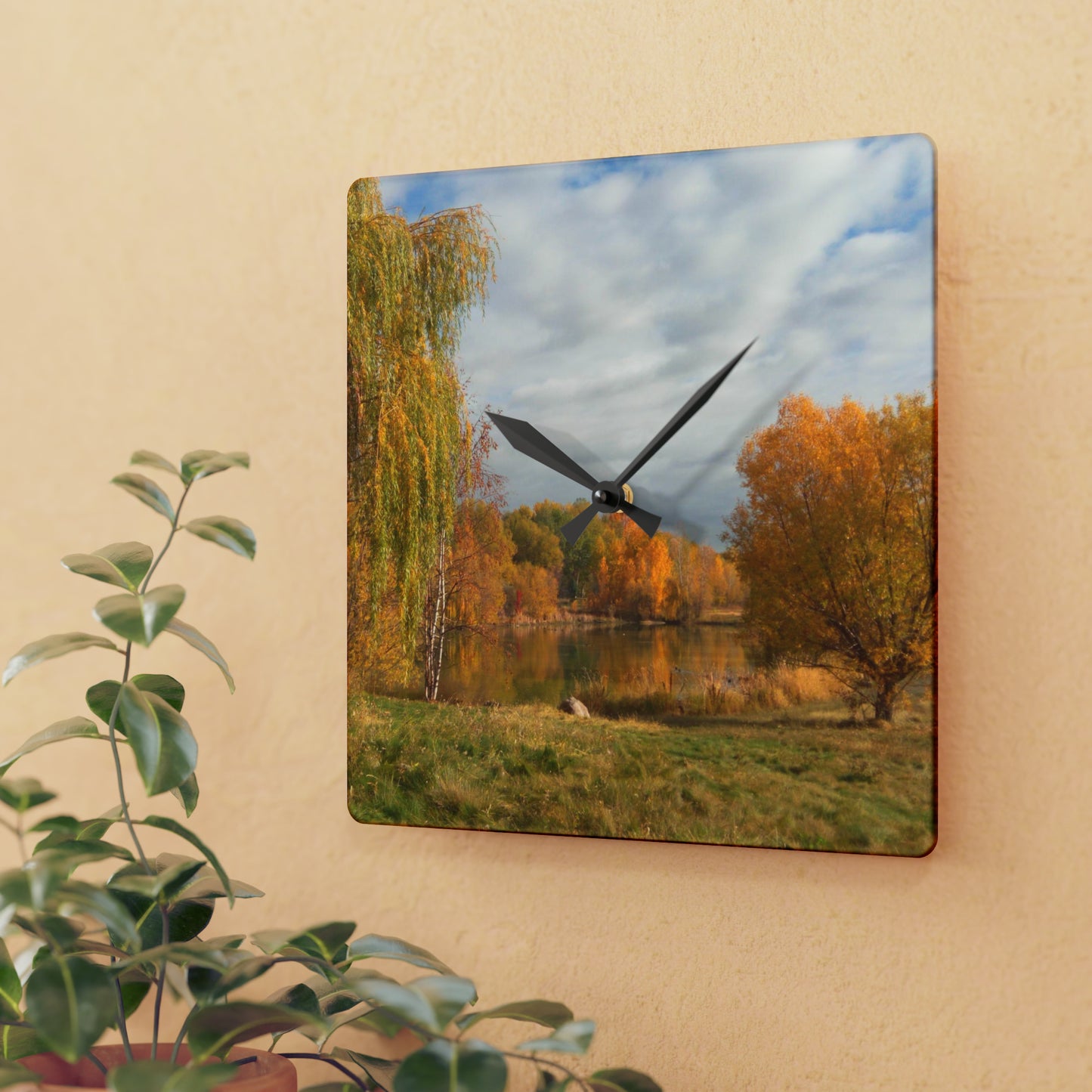 Golden Autumn Pond Acrylic Wall Clock