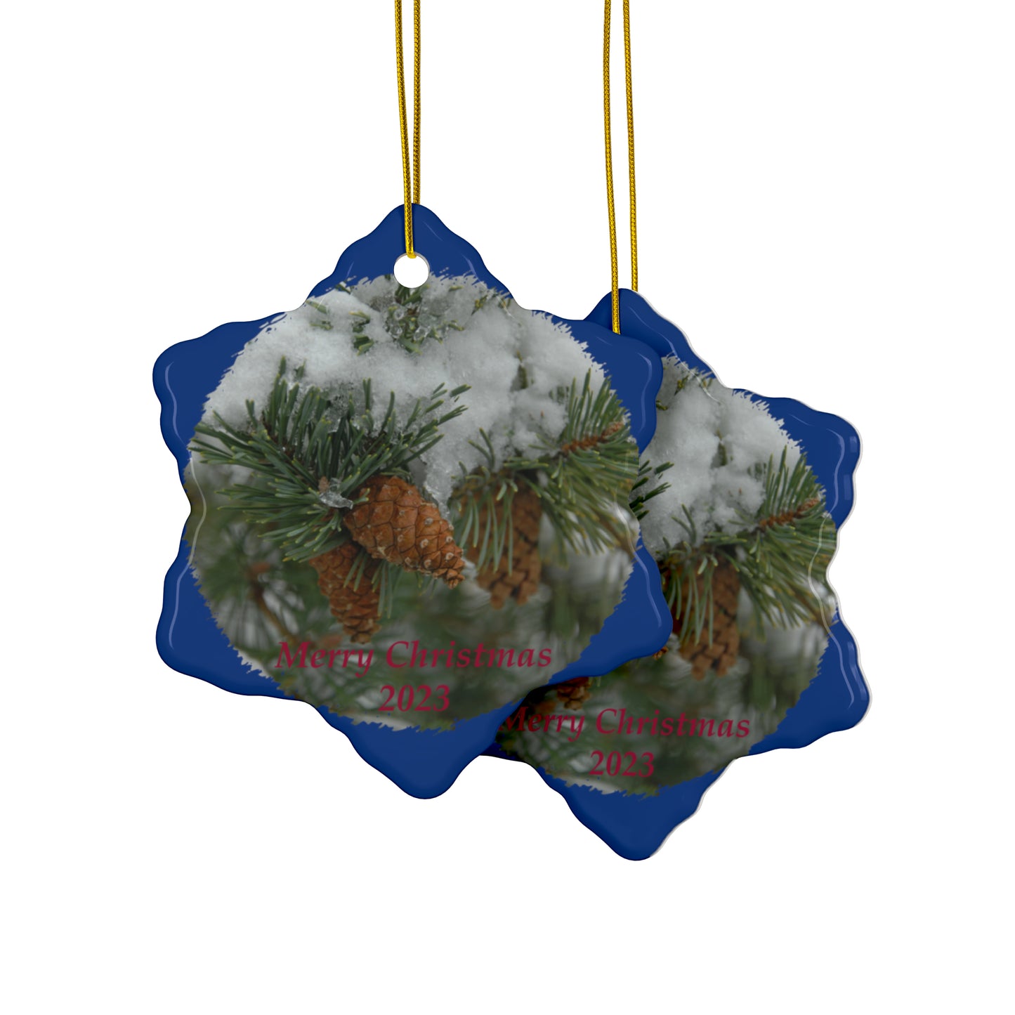 Snowy Fir Cones Merry Christmas 2023 Ceramic Ornaments