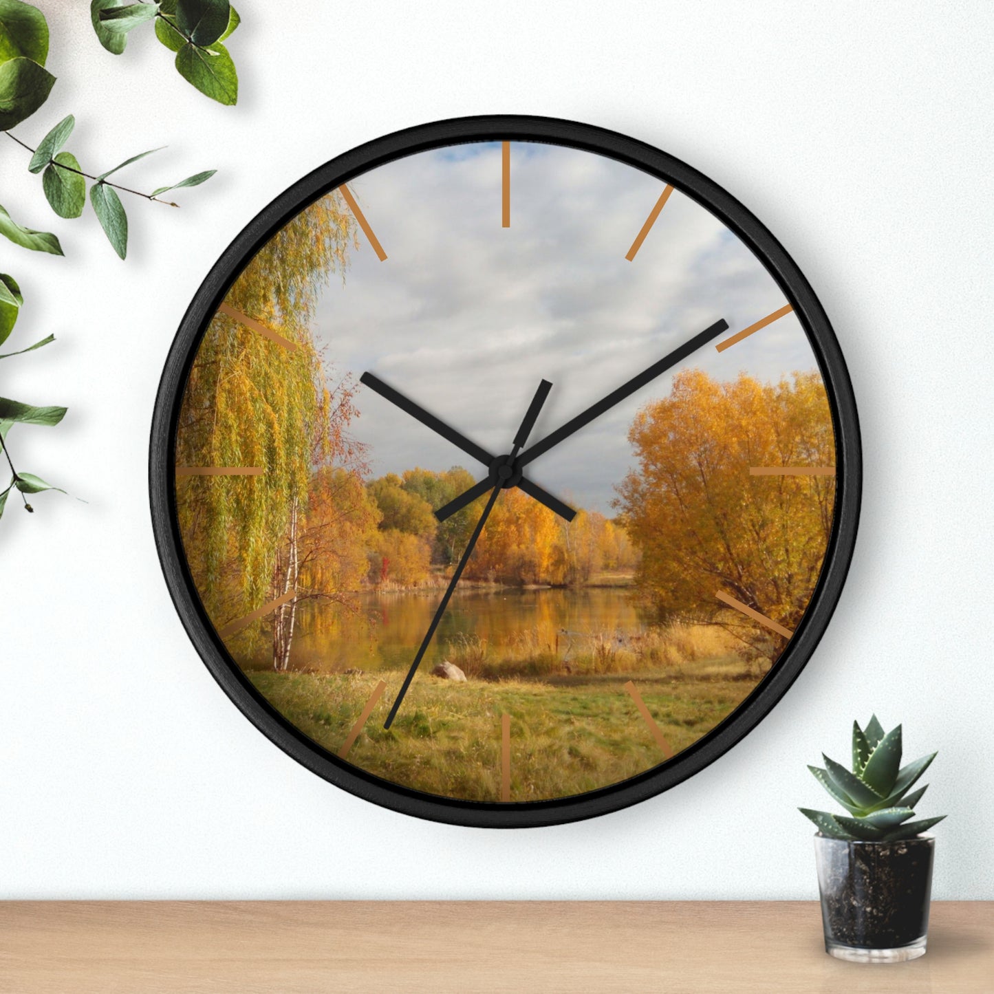 Golden Autumn Pond Wall Clock