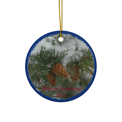 Snowy Fir Cones Merry Christmas 2023 Ceramic Ornaments