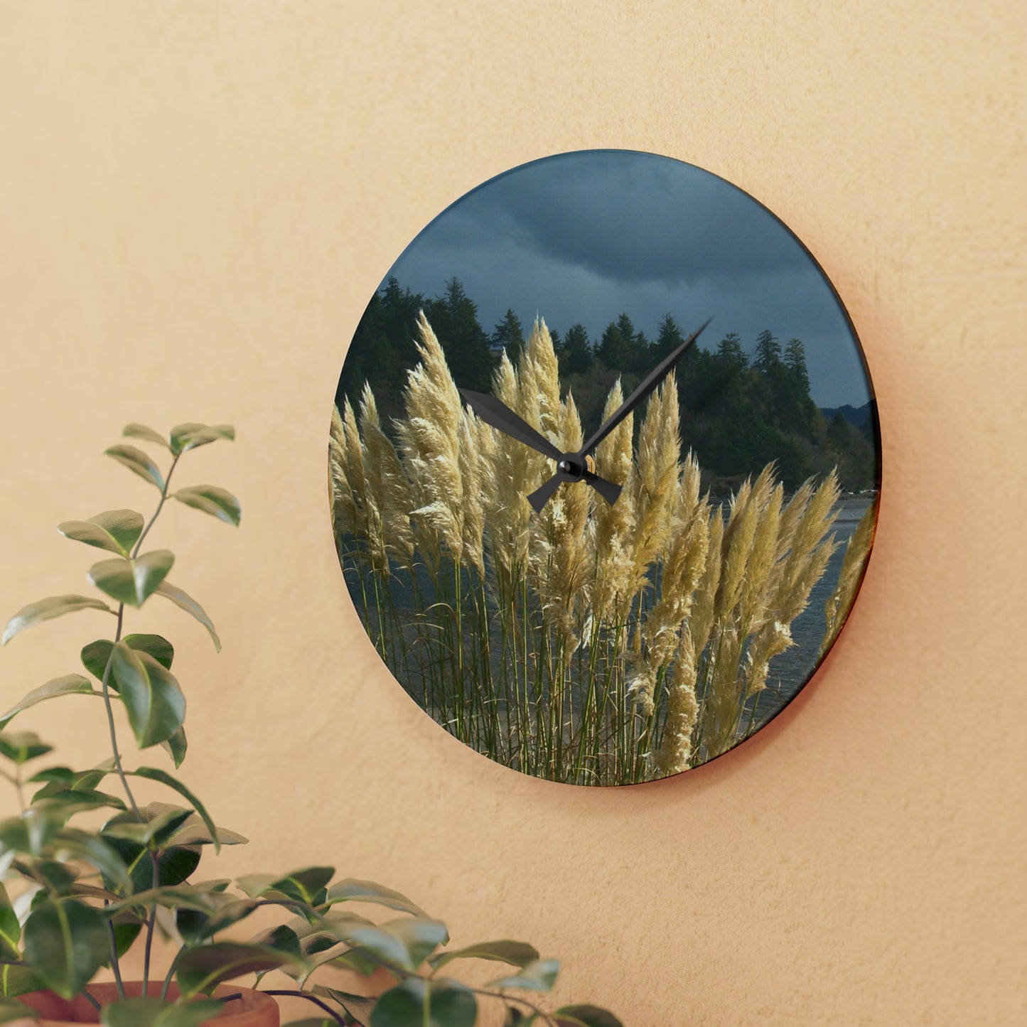 Golden Coastal Pampas Acrylic Wall Clock