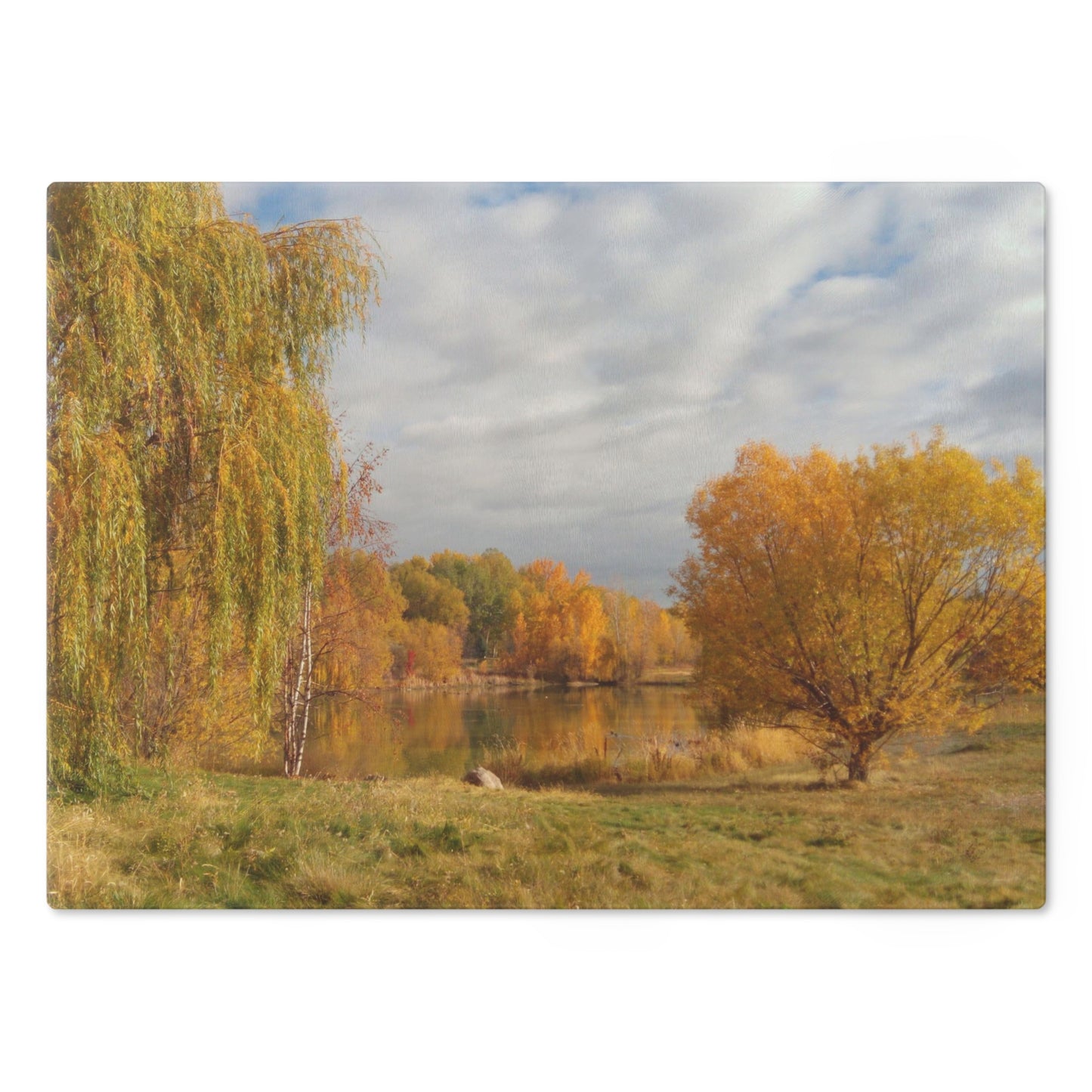 Golden Autumn Pond Cutting Board Dishwasher Safe