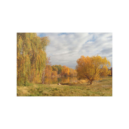 Golden Autumn Pond Satin Posters