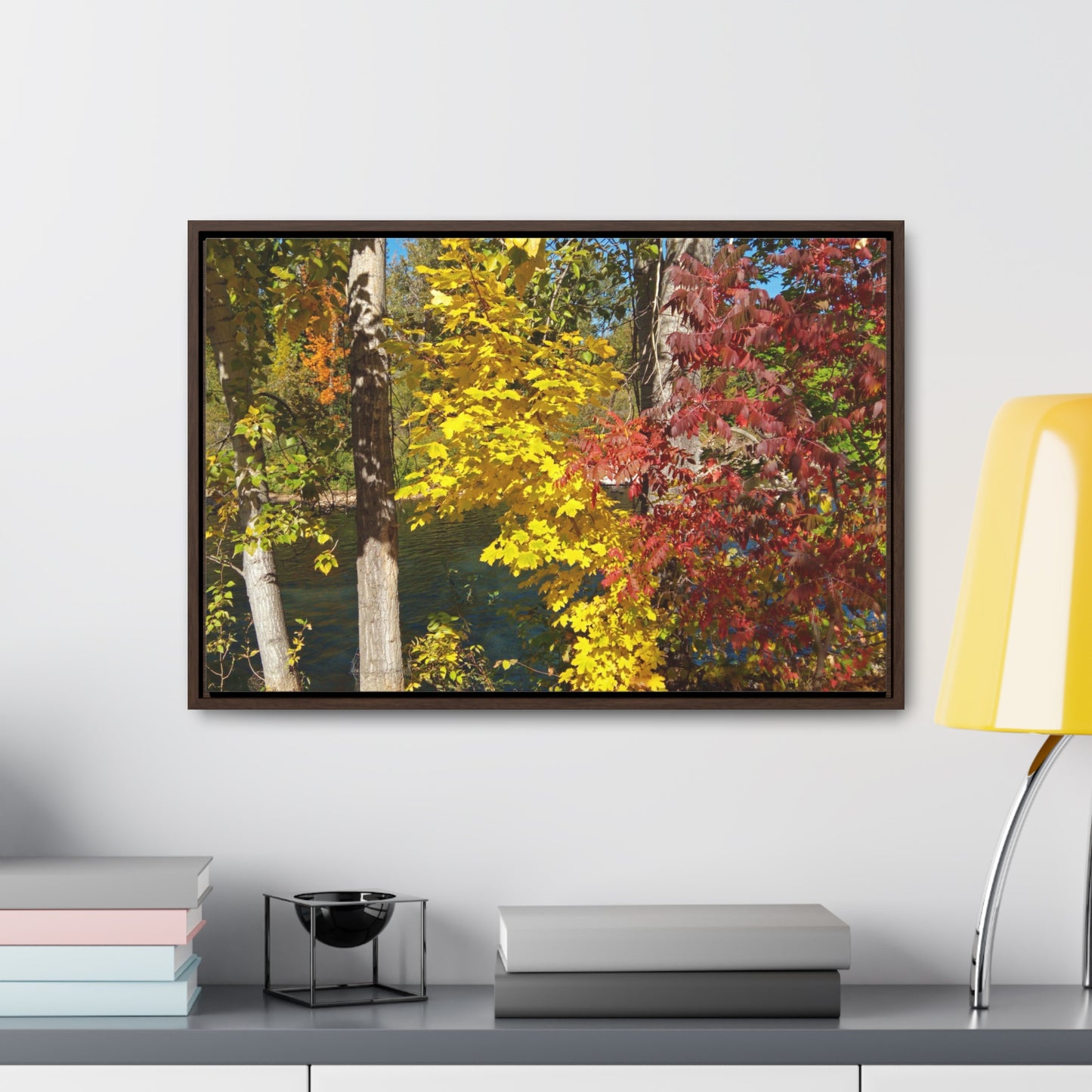 River & Autumn Leaves Gallery Canvas Wraps Framed