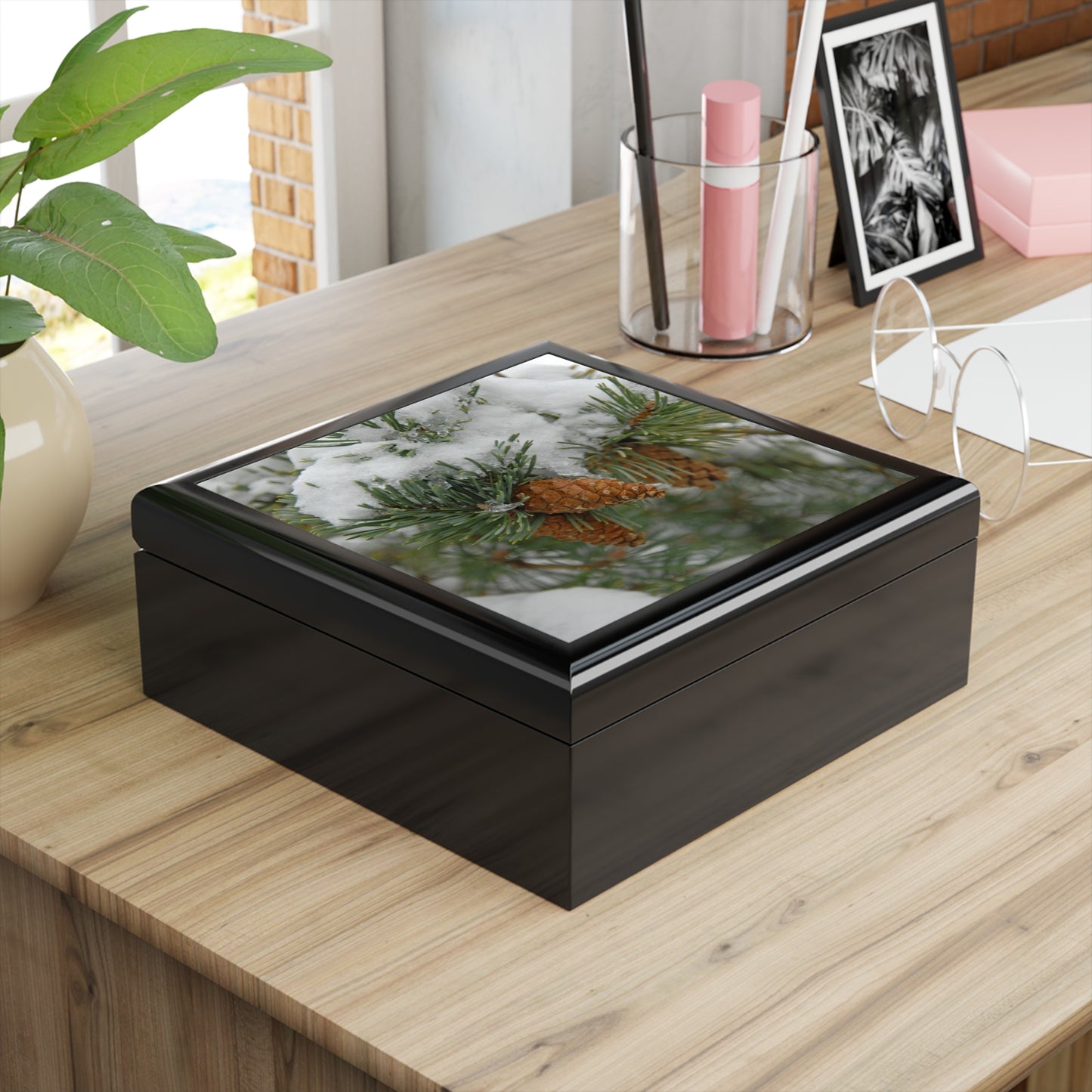 Snowy Fir Cones Jewelry Box ~ 7.24"