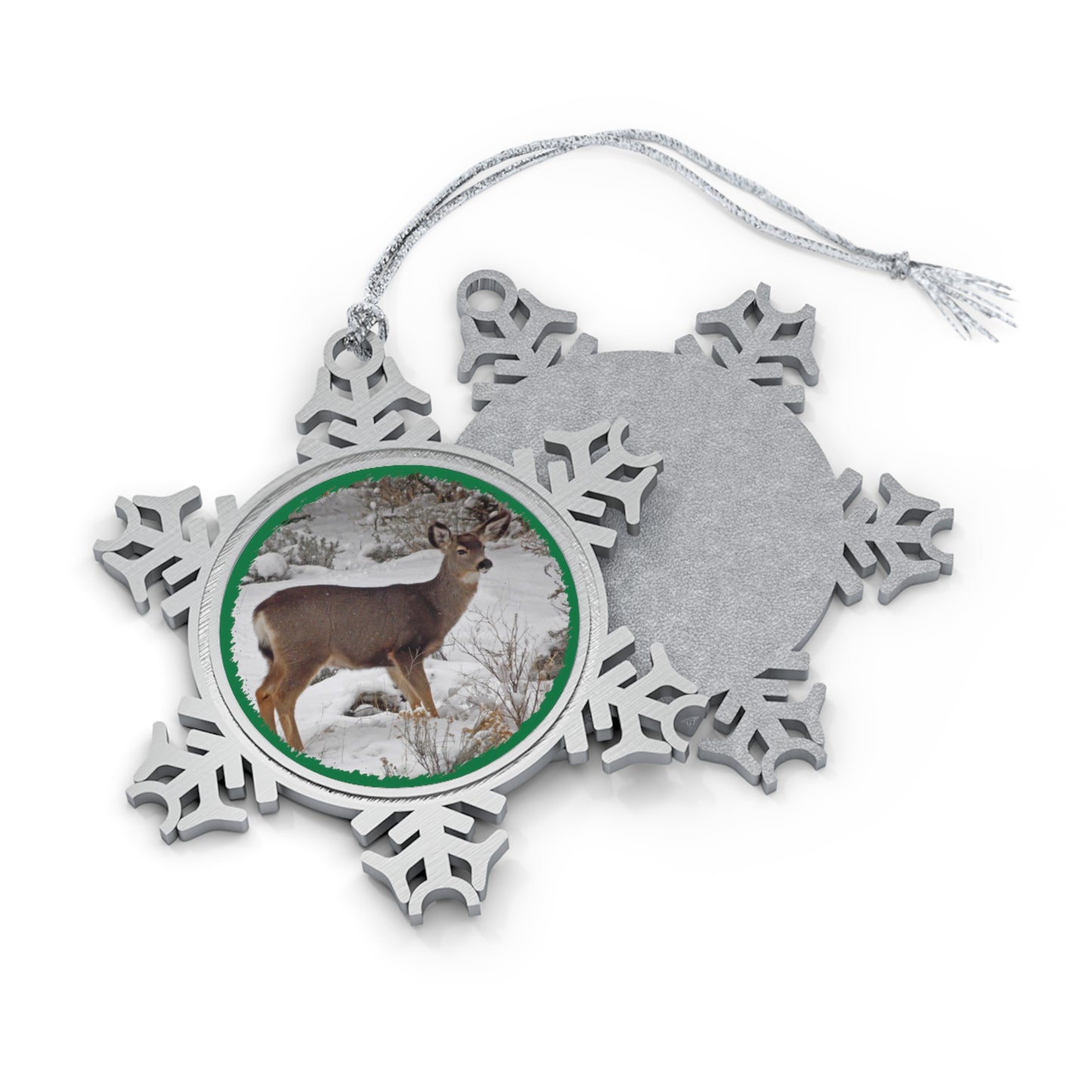 Snowy Deer Pewter Snowflake Ornament