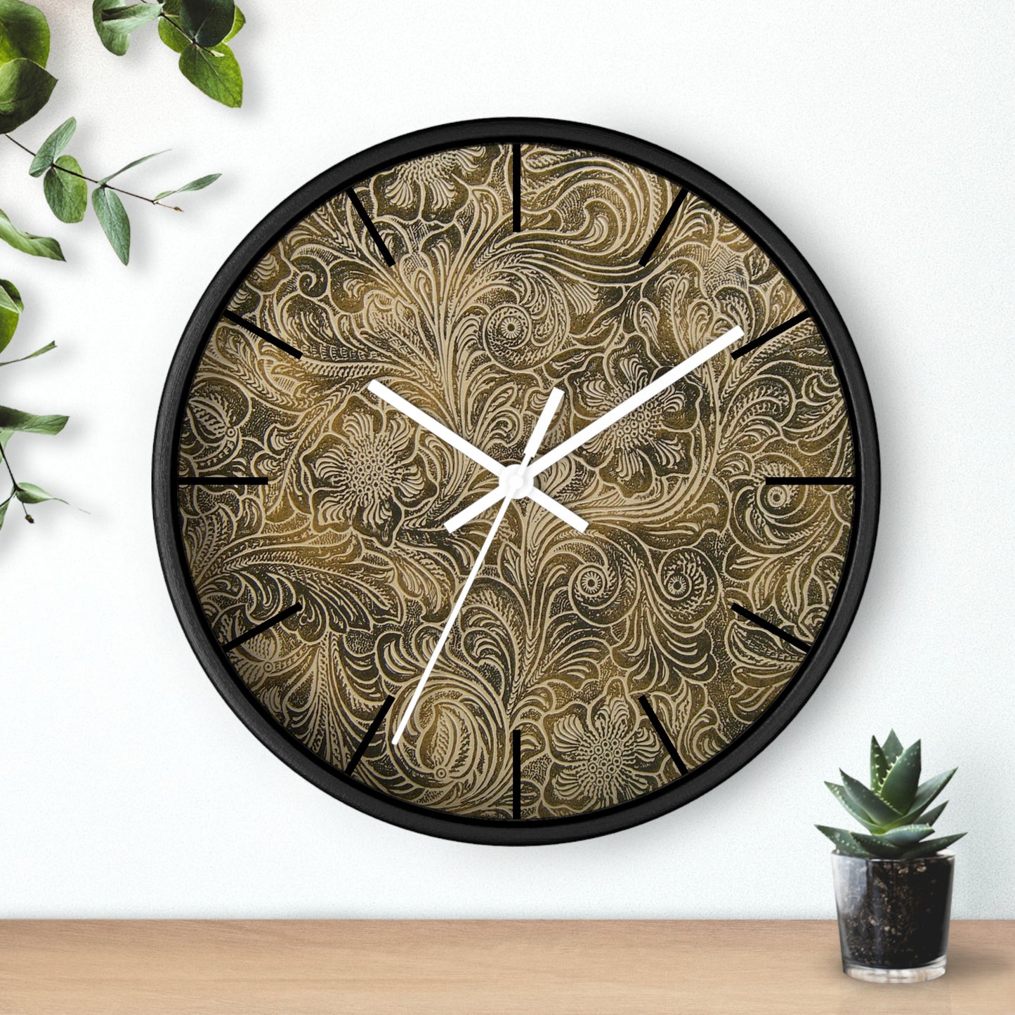 Western Leather Print Framed Wall Clock