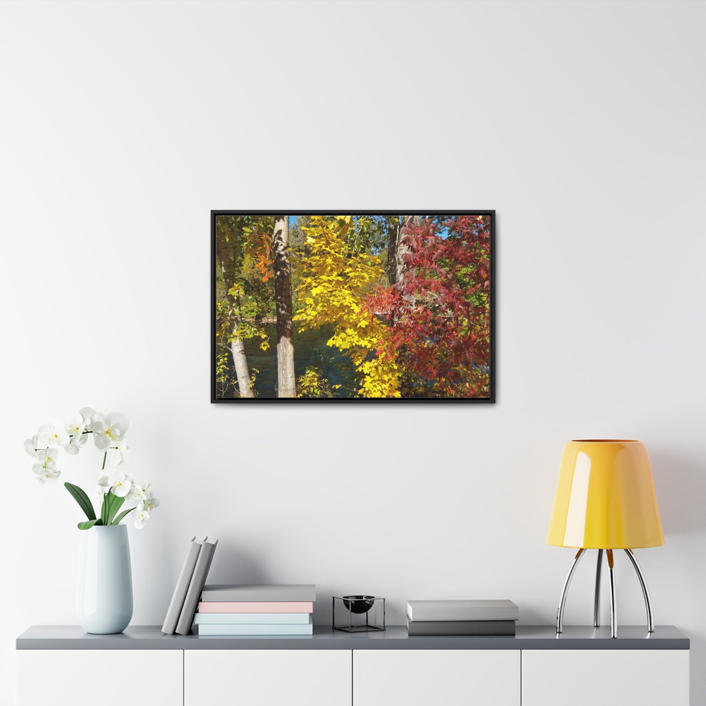 River & Autumn Leaves Gallery Canvas Wraps Framed