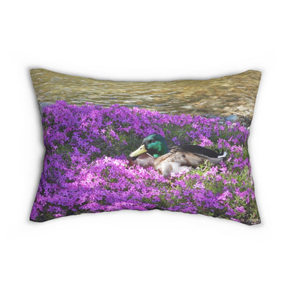 Duck Resting In Flowers Spun Polyester Lumbar Pillow
