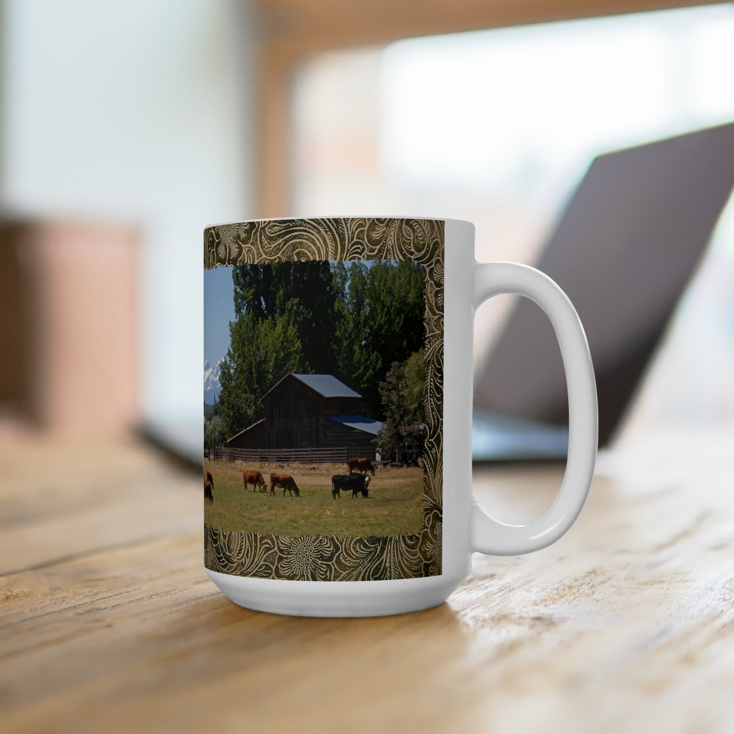Picturesque Cattle with Leather Print Ceramic Mug 15oz