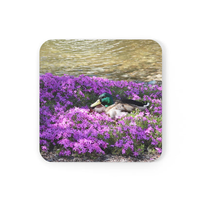 Duck Resting In Flowers Corkwood Coaster Set
