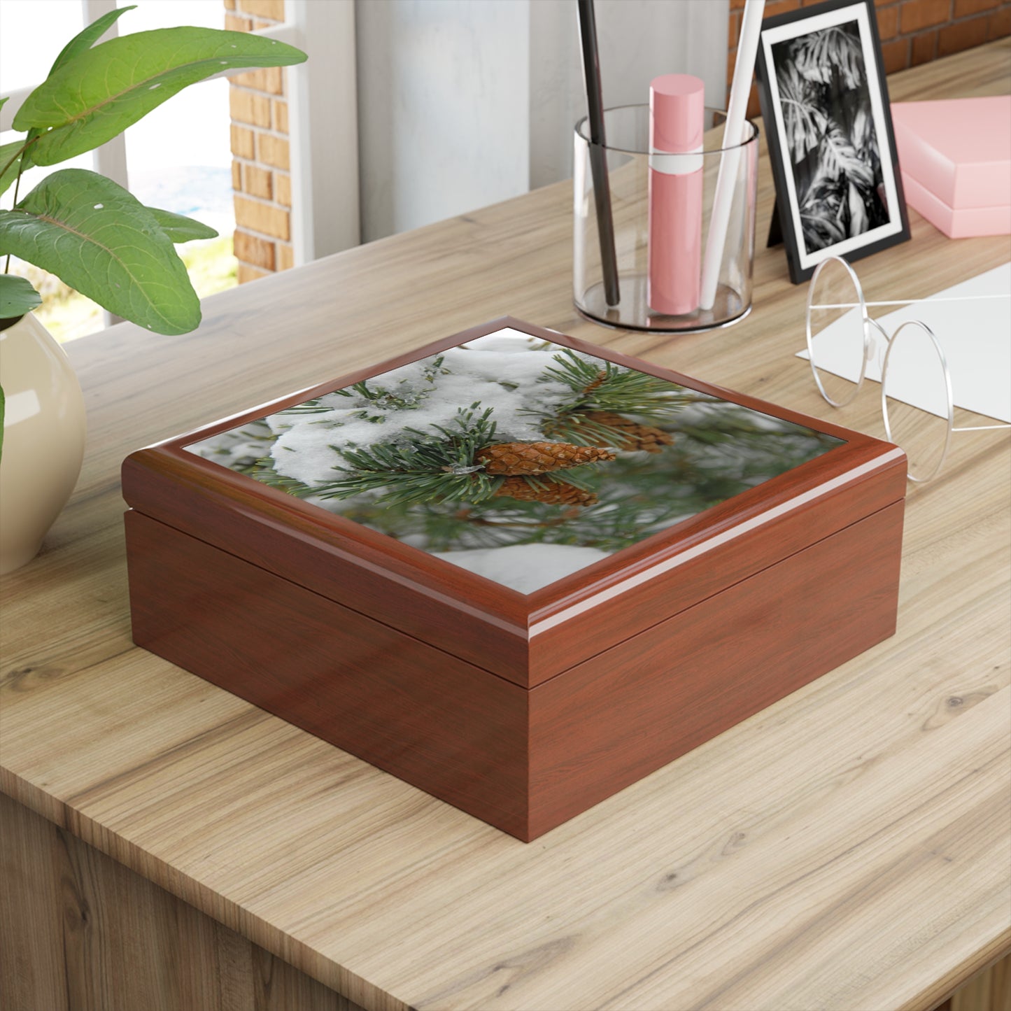 Snowy Fir Cones Jewelry Box ~ 7.24"